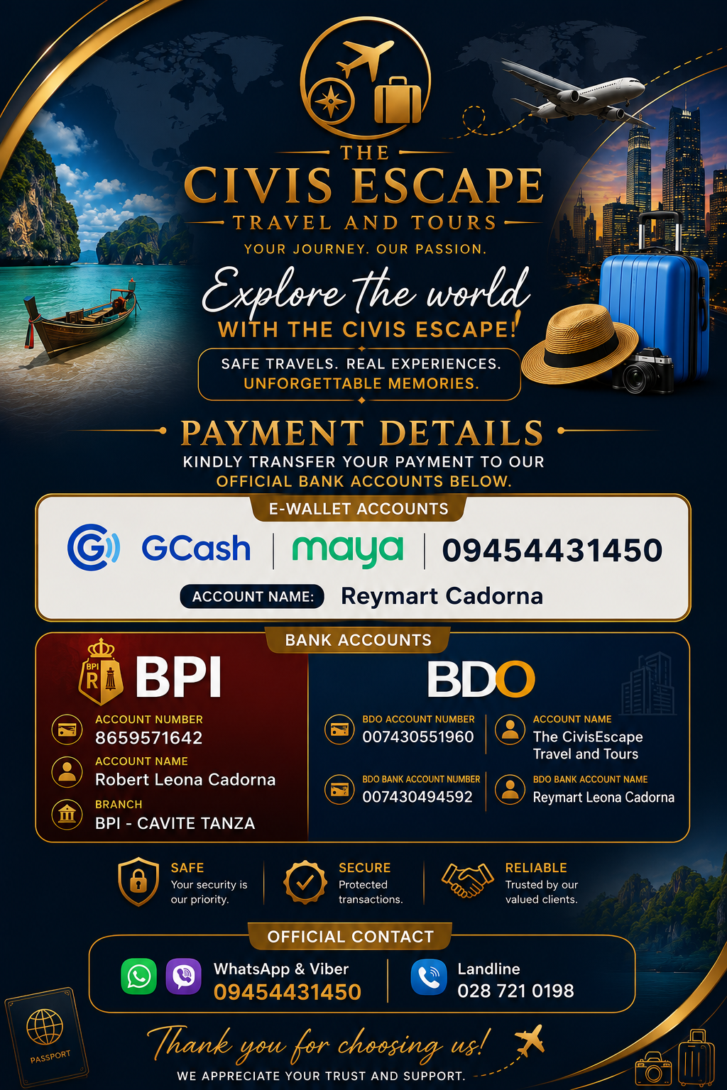 Official payment details for The Civis Escape Travel and Tours